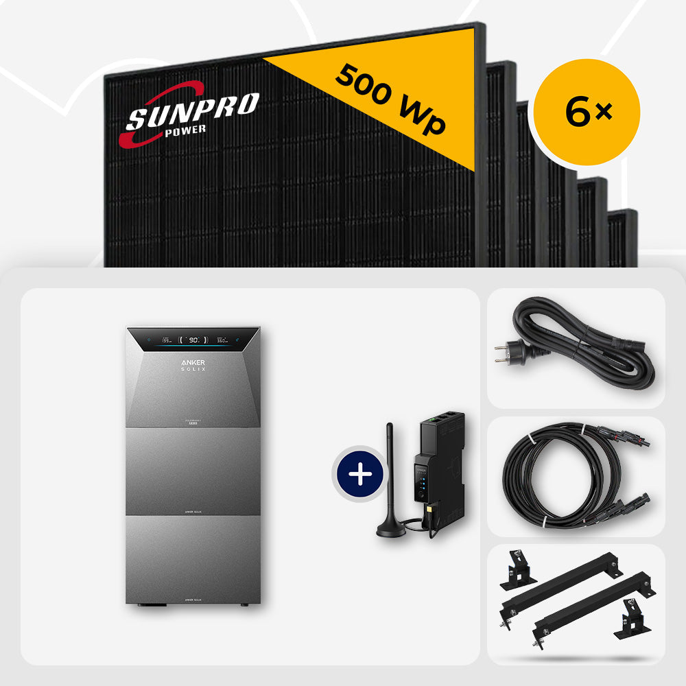 3000 Wp Balkonkraftwerk mit Speicher – 6x SunPro 500 Wp Full Black bifazial & Anker Solix Solarbank 4 Pro