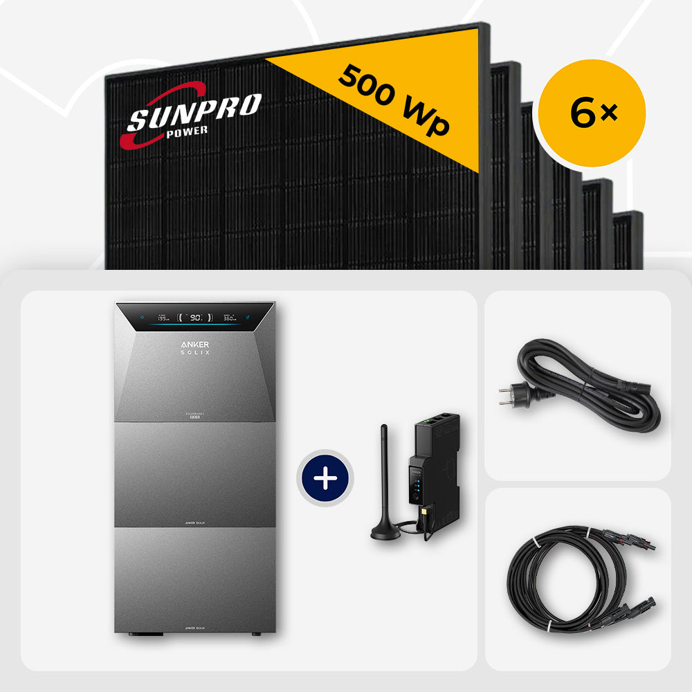 3000 Wp Balkonkraftwerk mit Speicher – 6x SunPro 500 Wp Full Black bifazial & Anker Solix Solarbank 4 Pro