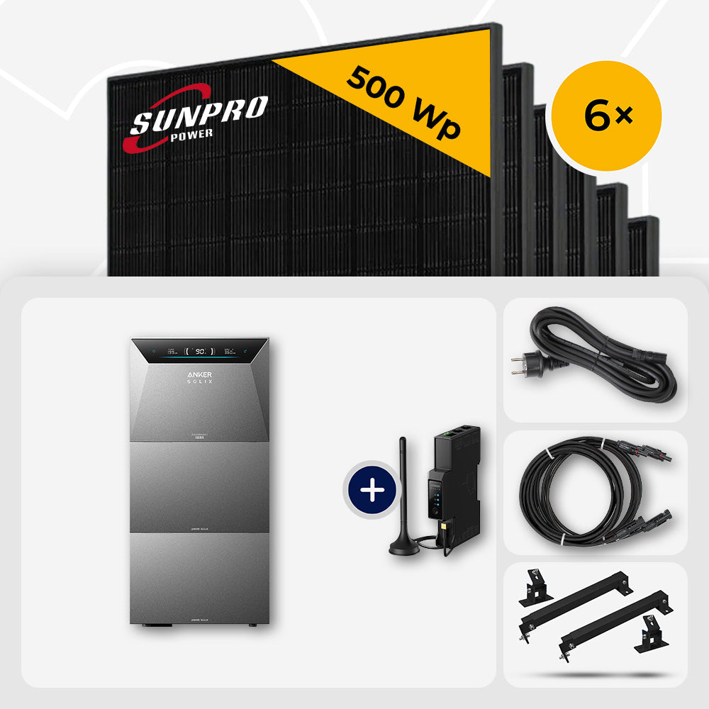 3000 Wp Balkonkraftwerk mit Speicher – 6x SunPro 500 Wp Full Black bifazial & Anker Solix Solarbank 4 Pro