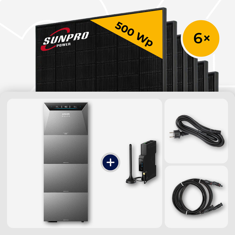 3000 Wp Balkonkraftwerk mit Speicher – 6x SunPro 500 Wp Full Black bifazial & Anker Solix Solarbank 4 Pro