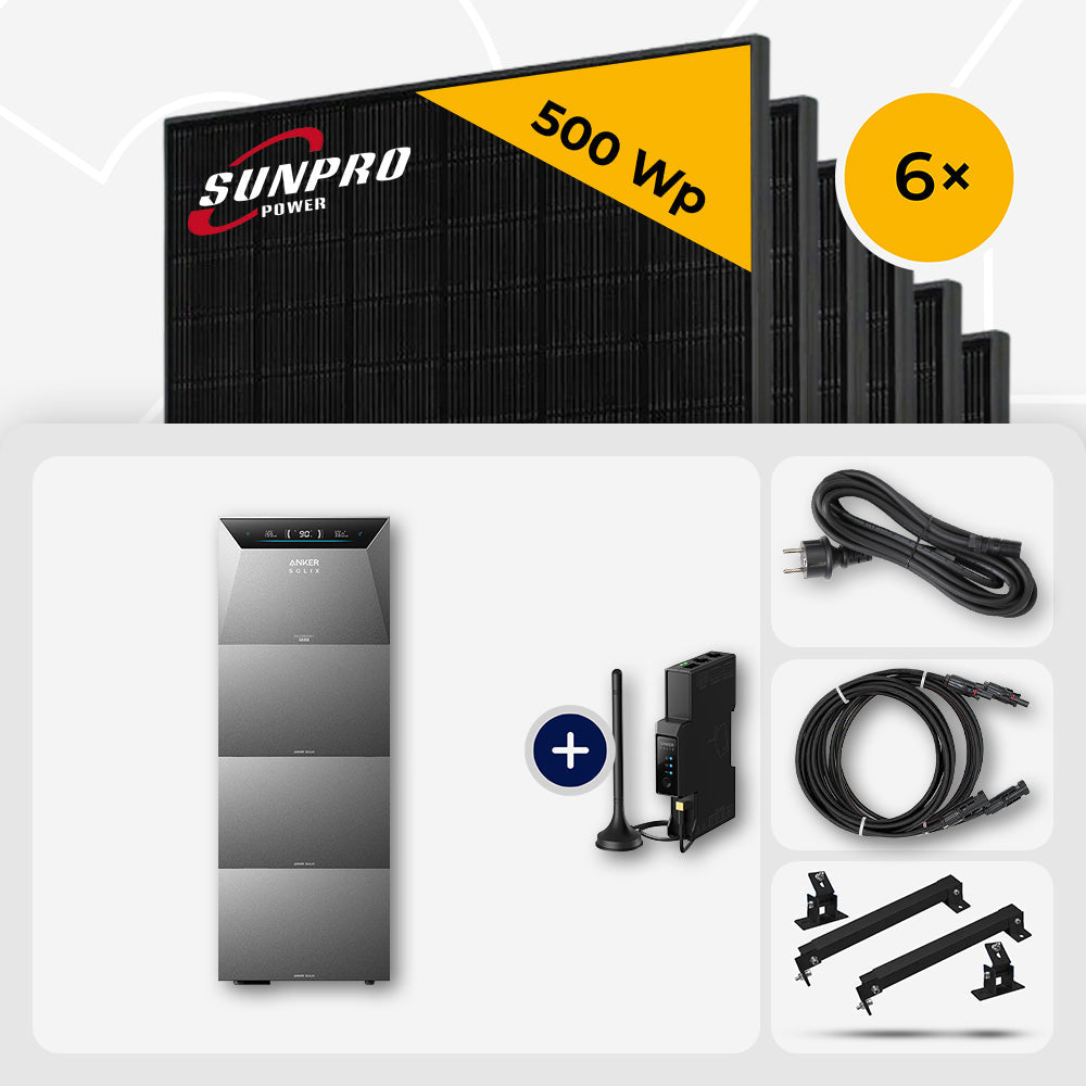 3000 Wp Balkonkraftwerk mit Speicher – 6x SunPro 500 Wp Full Black bifazial & Anker Solix Solarbank 4 Pro