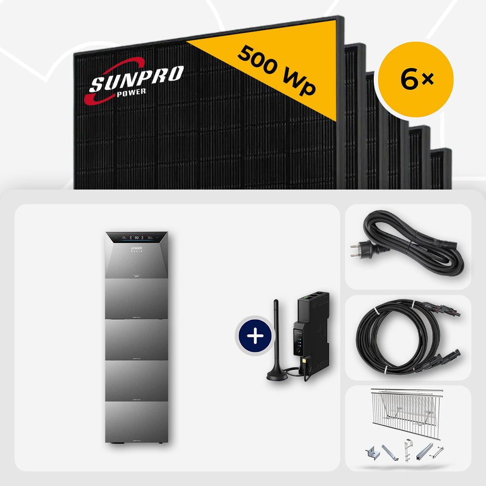 3000 Wp Balkonkraftwerk mit Speicher – 6x SunPro 500 Wp Full Black bifazial & Anker Solix Solarbank 4 Pro