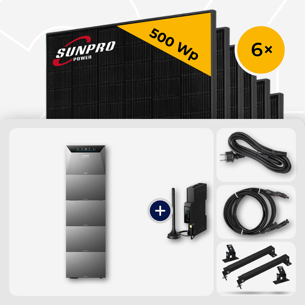 3000 Wp Balkonkraftwerk mit Speicher – 6x SunPro 500 Wp Full Black bifazial & Anker Solix Solarbank 4 Pro