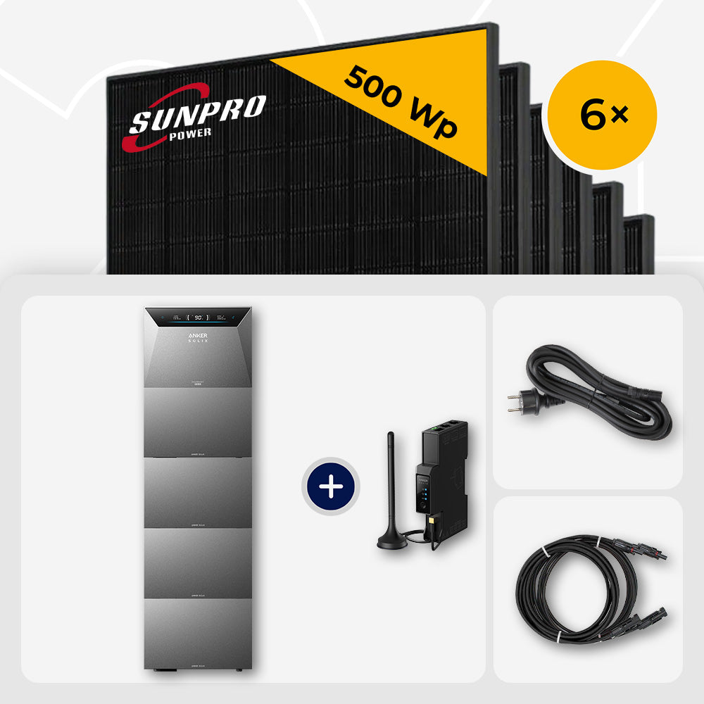 3000 Wp Balkonkraftwerk mit Speicher – 6x SunPro 500 Wp Full Black bifazial & Anker Solix Solarbank 4 Pro