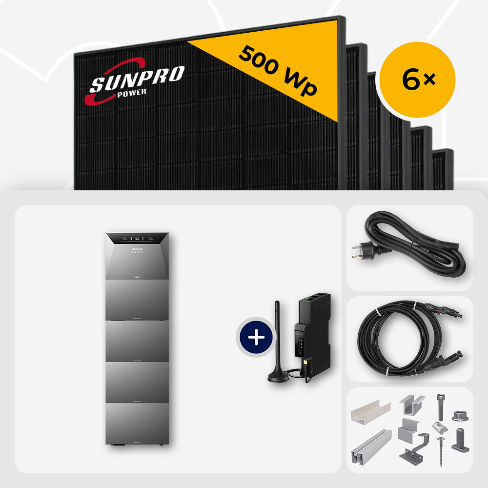 3000 Wp Balkonkraftwerk mit Speicher – 6x SunPro 500 Wp Full Black bifazial & Anker Solix Solarbank 4 Pro