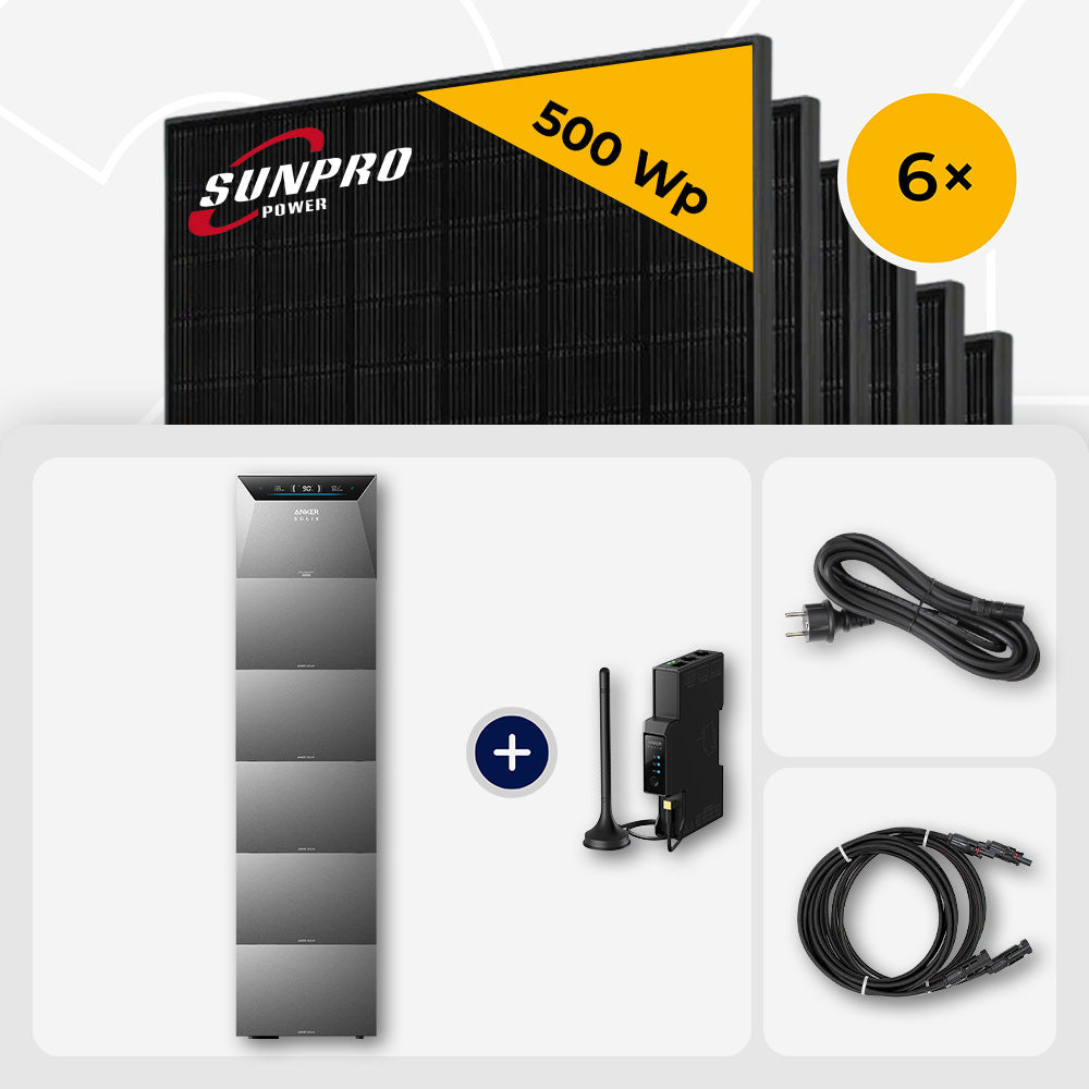3000 Wp Balkonkraftwerk mit Speicher – 6x SunPro 500 Wp Full Black bifazial & Anker Solix Solarbank 4 Pro