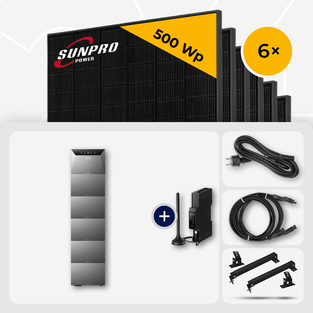 3000 Wp Balkonkraftwerk mit Speicher – 6x SunPro 500 Wp Full Black bifazial & Anker Solix Solarbank 4 Pro