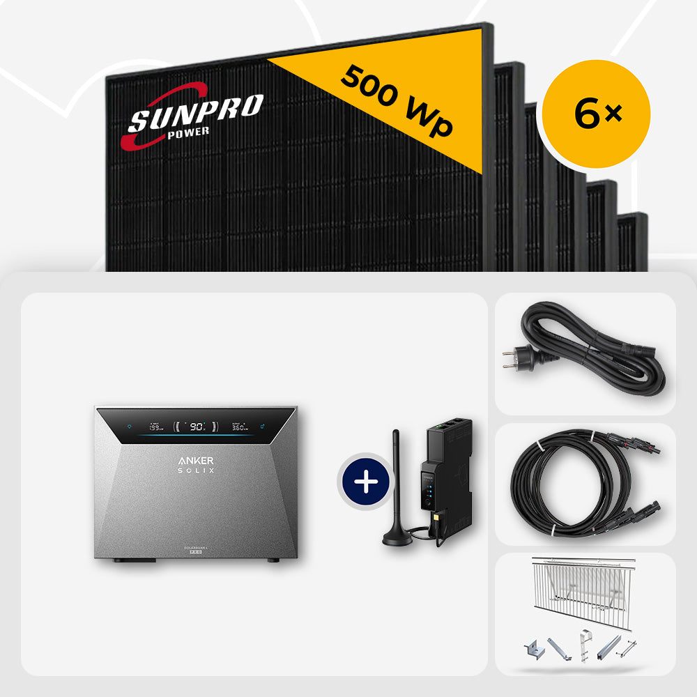 3000 Wp Balkonkraftwerk mit Speicher – 6x SunPro 500 Wp Full Black bifazial & Anker Solix Solarbank 4 Pro