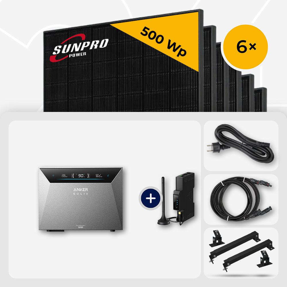 3000 Wp Balkonkraftwerk mit Speicher – 6x SunPro 500 Wp Full Black bifazial & Anker Solix Solarbank 4 Pro