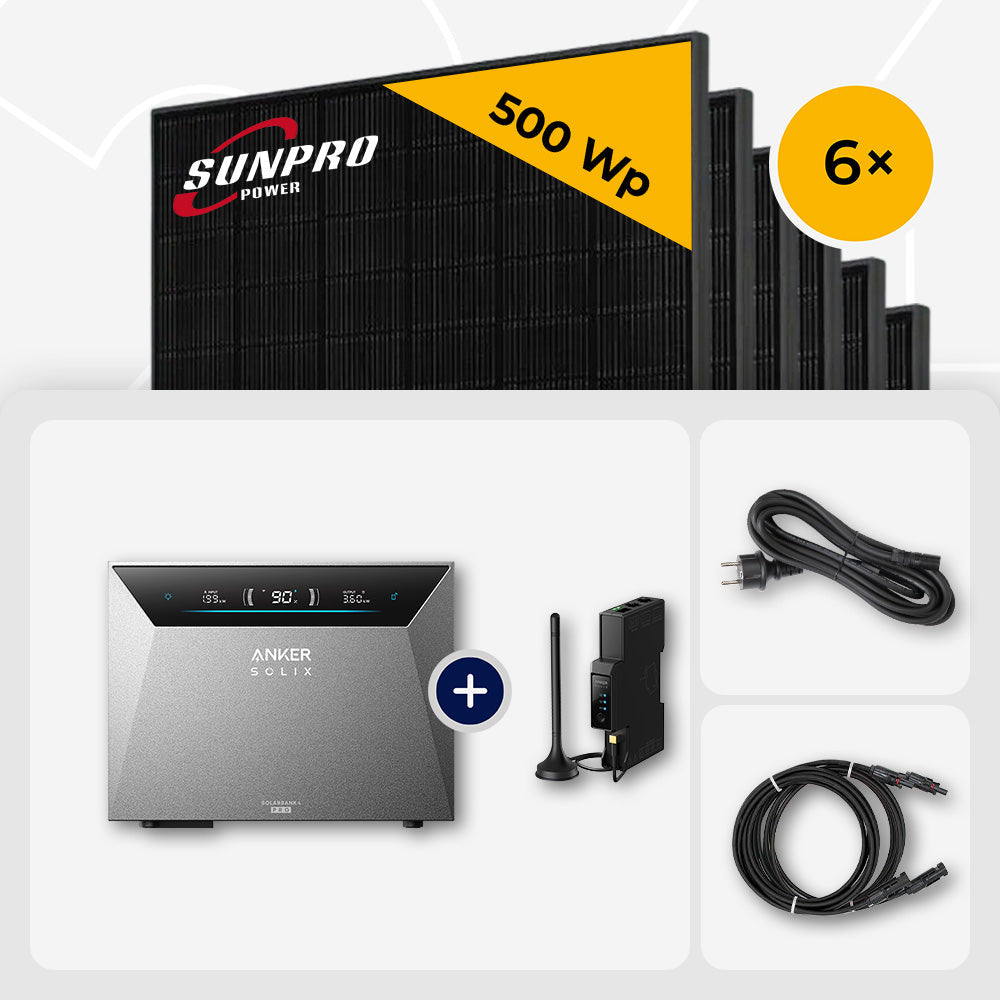 3000 Wp Balkonkraftwerk mit Speicher – 6x SunPro 500 Wp Full Black bifazial & Anker Solix Solarbank 4 Pro