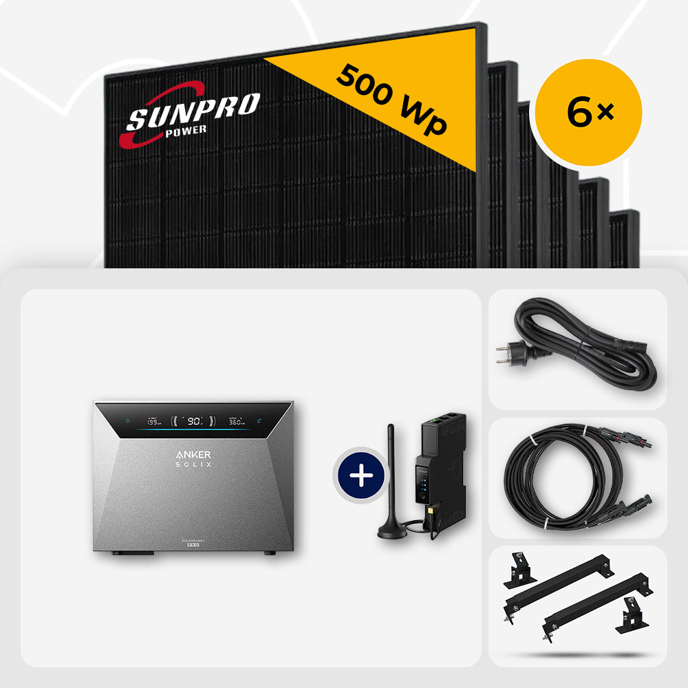3000 Wp Balkonkraftwerk mit Speicher – 6x SunPro 500 Wp Full Black bifazial & Anker Solix Solarbank 4 Pro