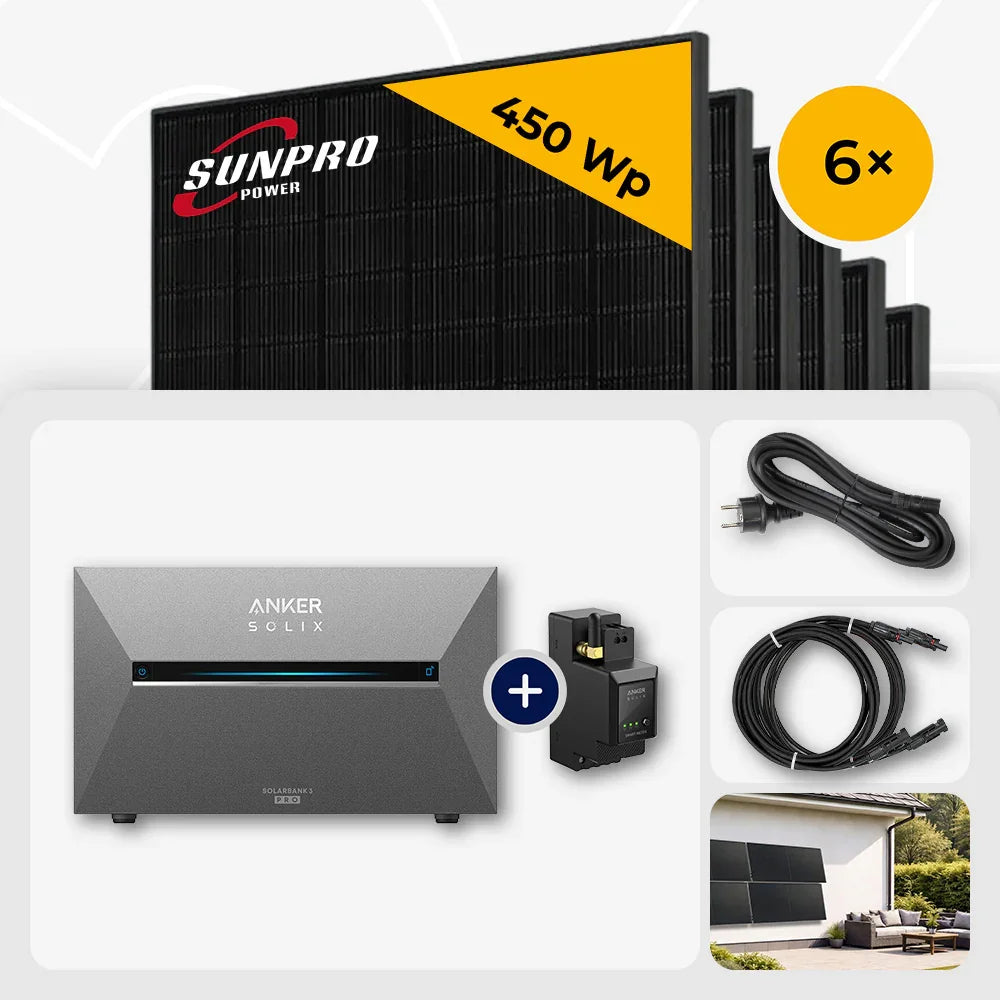 6x Sunpro 450Wp Solarmodule, Anker Solix Solarbank 2.68kWh