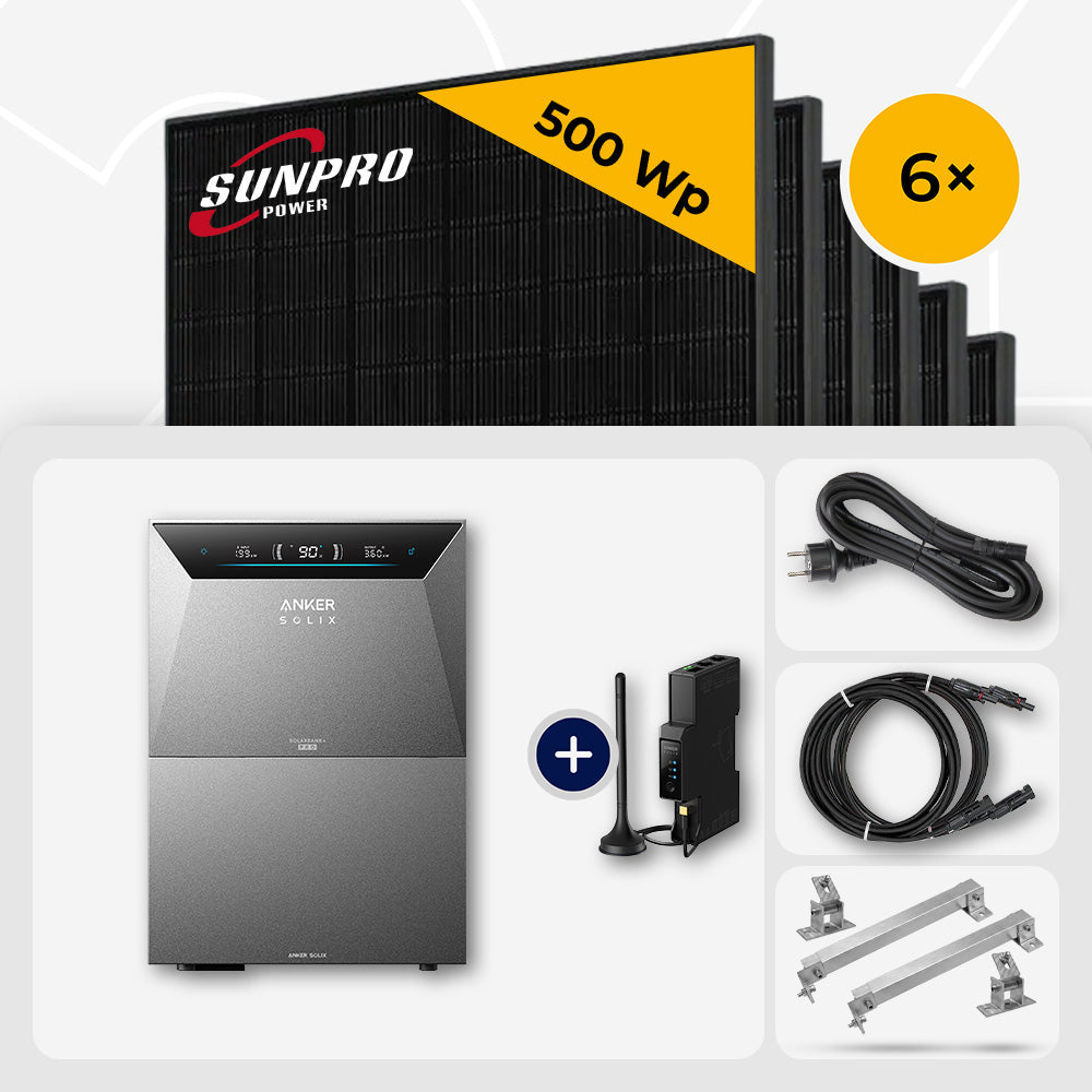 6x SunPro 500 Wp Bifazial Glas-Glas Back-Contact & Anker Solarbank 4 Pro 10.0 kWh - Flachdach/Wand Edelstahl