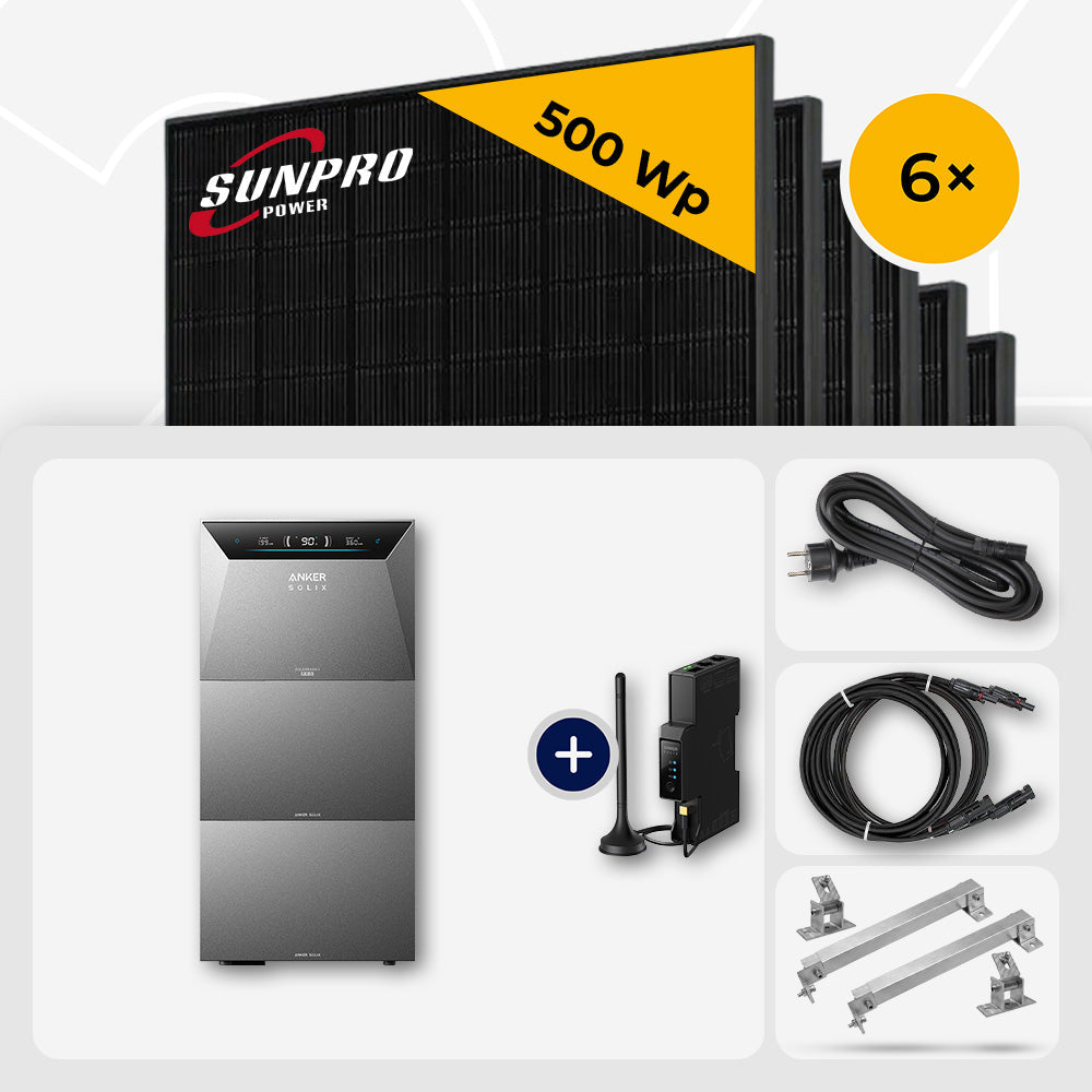 6x SunPro 500 Wp Bifazial Glas-Glas Back-Contact & Anker Solarbank 4 Pro 15.0 kWh - Flachdach/Wand Edelstahl