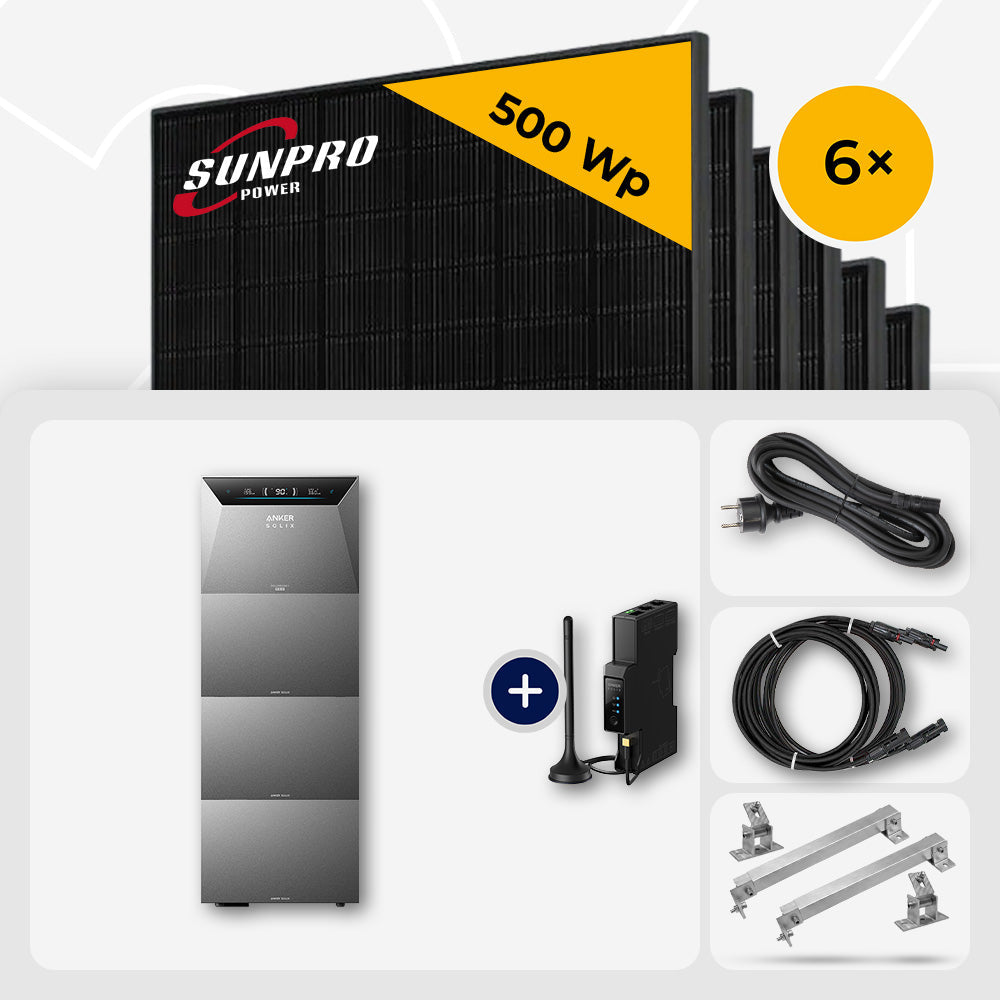6x SunPro 500 Wp Bifazial Glas-Glas Back-Contact & Anker Solarbank 4 Pro 20.0 kWh - Flachdach/Wand Edelstahl