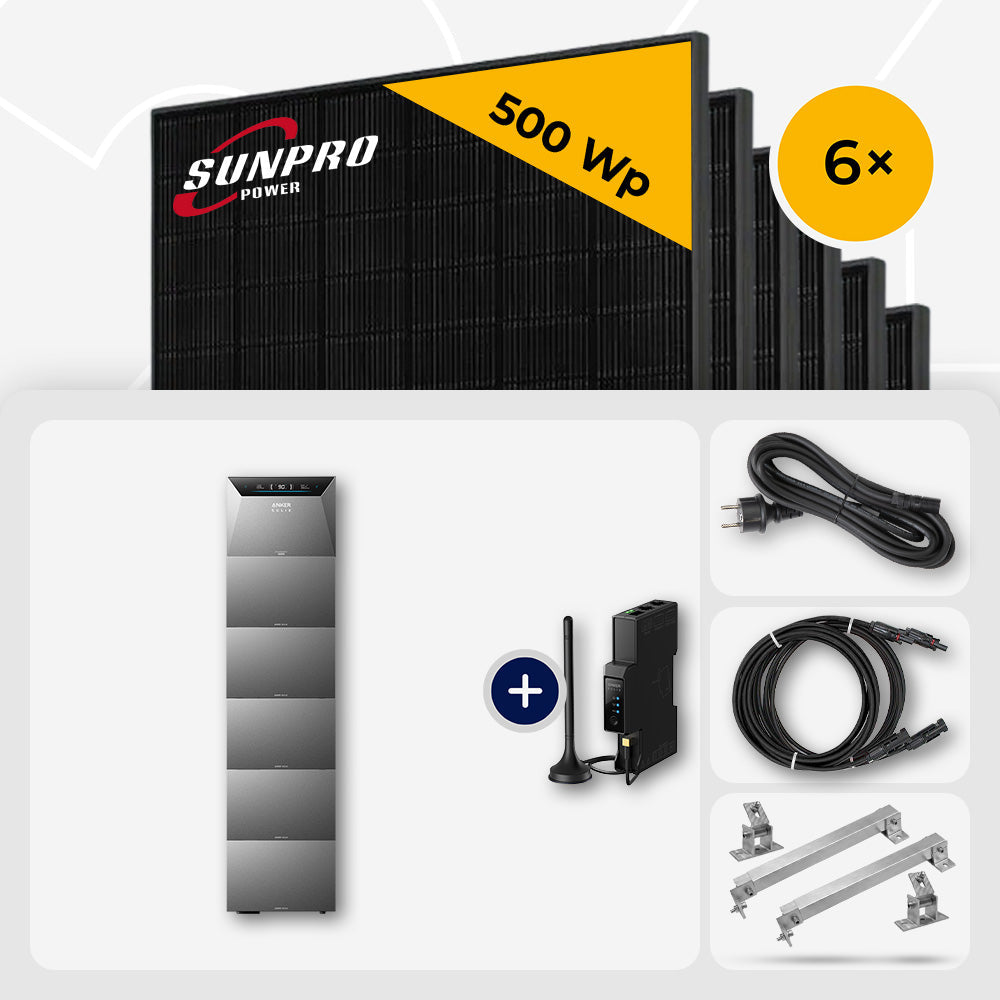 6x SunPro 500 Wp Bifazial Glas-Glas Back-Contact & Anker Solarbank 4 Pro 30.0 kWh - Flachdach/Wand Edelstahl