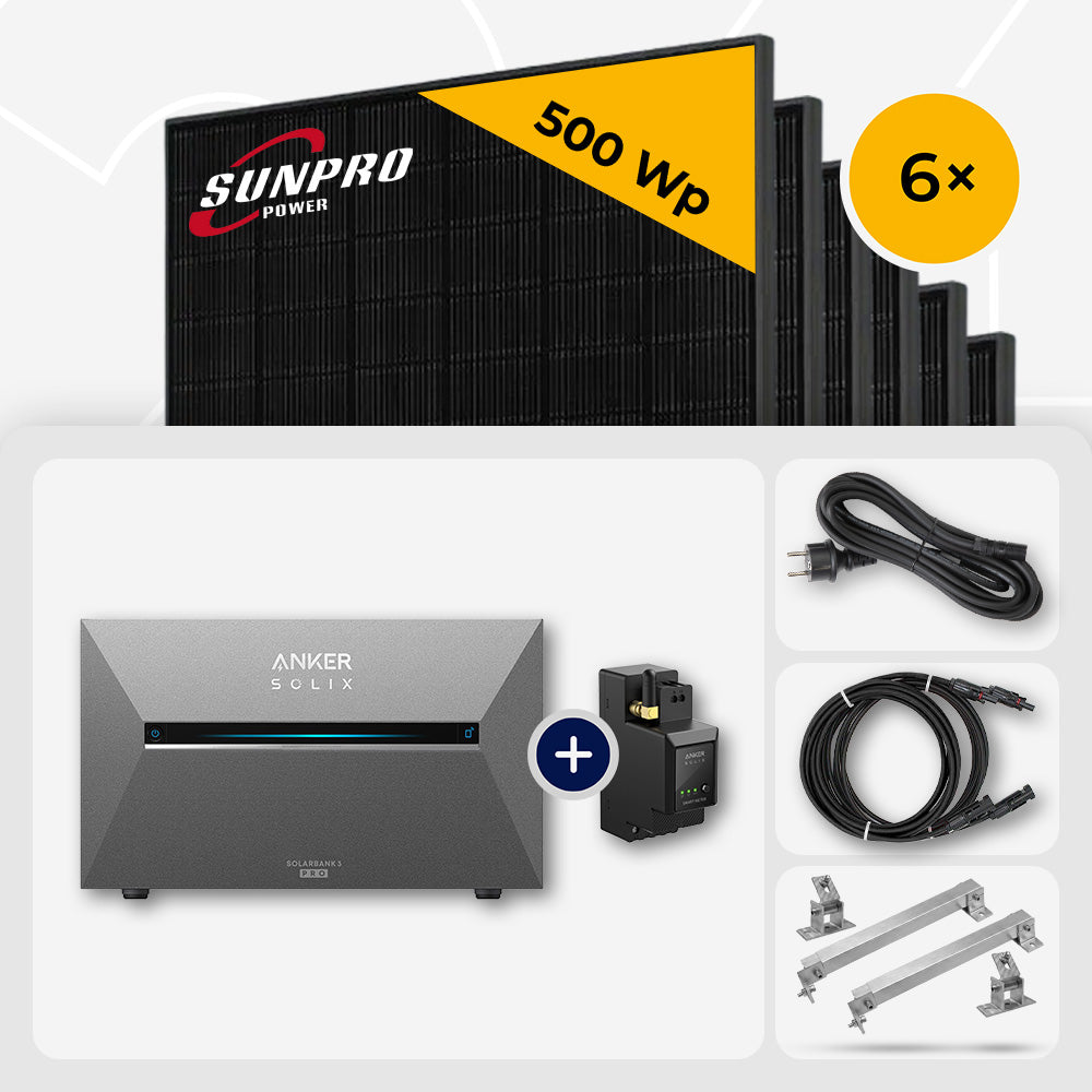6x SunPro 500 Wp Full Black bifazial & Anker Solix Solarbank 3 Pro 2.68 kWh - Flachdach/Wand Edelstahl