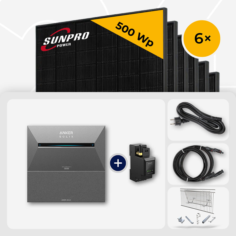 3000 Wp Balkonkraftwerk mit Speicher - 6x SunPro 500 Wp Full Black bifazial & Anker Solix Solarbank 3 Pro