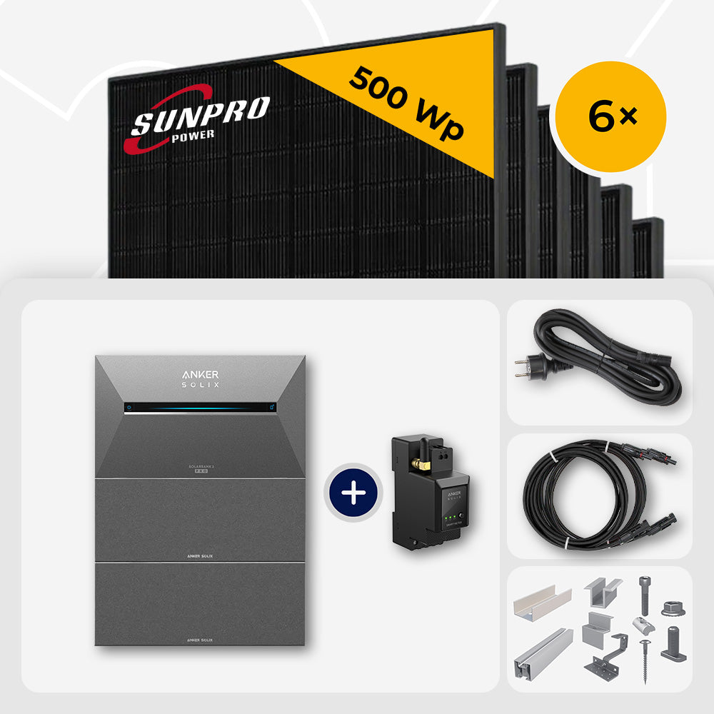 3000 Wp Balkonkraftwerk mit Speicher - 6x SunPro 500 Wp Full Black bifazial & Anker Solix Solarbank 3 Pro