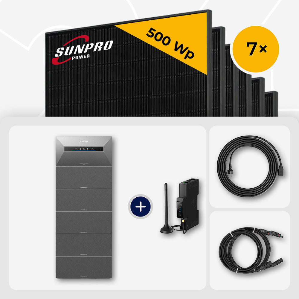 3000-10.000 Wp Balkonkraftwerk mit Speicher – 6-20x SunPro 500 Wp Full Black bifazial & Anker Solix Solarbank Max