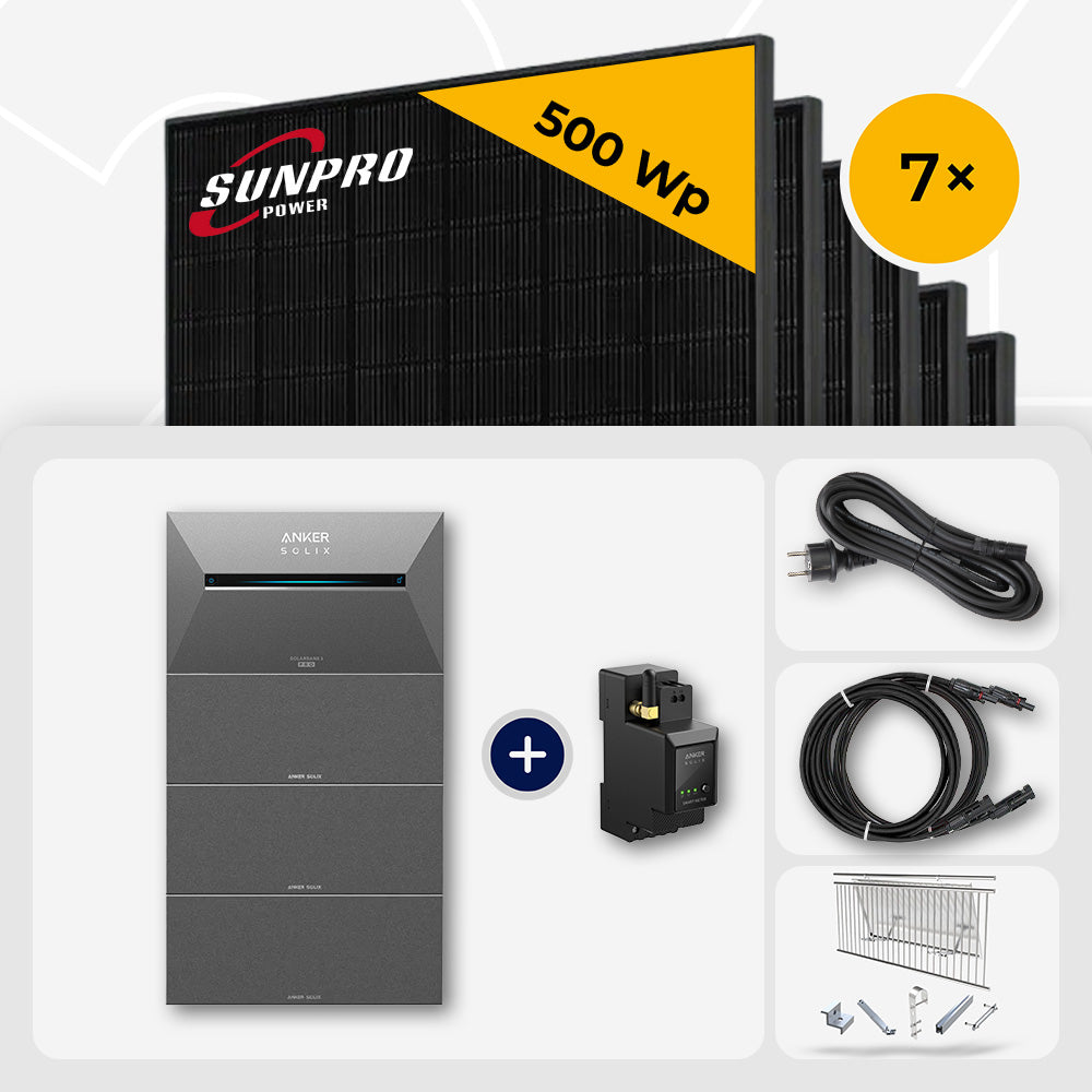 3500 Wp Balkonkraftwerk mit Speicher - 7x SunPro 500 Wp Full Black bifazial & Anker Solix Solarbank 3 Pro