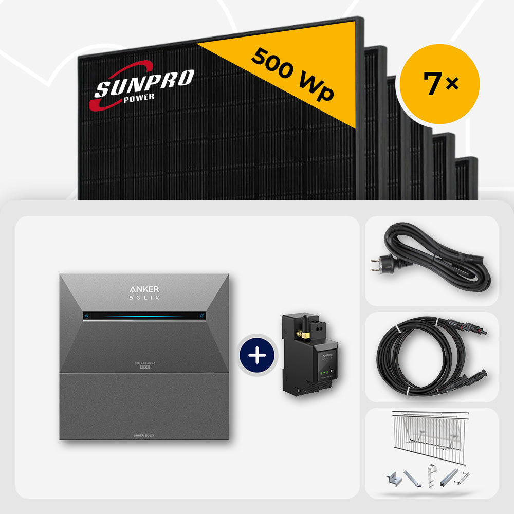 3500 Wp Balkonkraftwerk mit Speicher - 7x SunPro 500 Wp Full Black bifazial & Anker Solix Solarbank 3 Pro