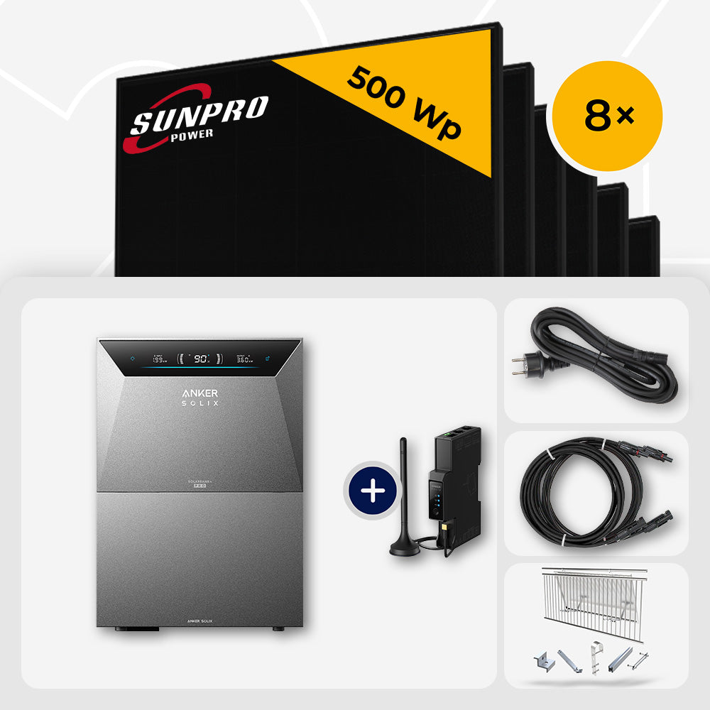 4000 Wp Balkonkraftwerk mit Speicher – 8x SunPro 500 Wp Full Black bifazial & Anker Solix Solarbank 4 Pro