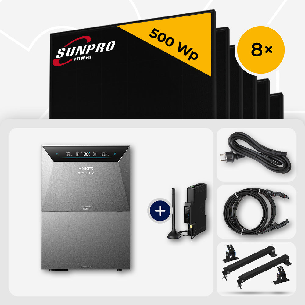 4000 Wp Balkonkraftwerk mit Speicher – 8x SunPro 500 Wp Full Black bifazial & Anker Solix Solarbank 4 Pro