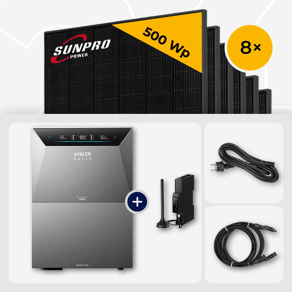 4000 Wp Balkonkraftwerk mit Speicher – 8x SunPro 500 Wp Full Black bifazial & Anker Solix Solarbank 4 Pro