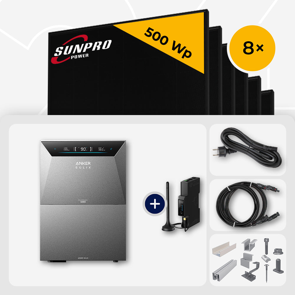 4000 Wp Balkonkraftwerk mit Speicher – 8x SunPro 500 Wp Full Black bifazial & Anker Solix Solarbank 4 Pro