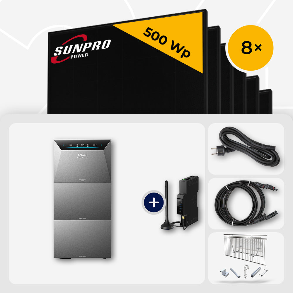 4000 Wp Balkonkraftwerk mit Speicher – 8x SunPro 500 Wp Full Black bifazial & Anker Solix Solarbank 4 Pro
