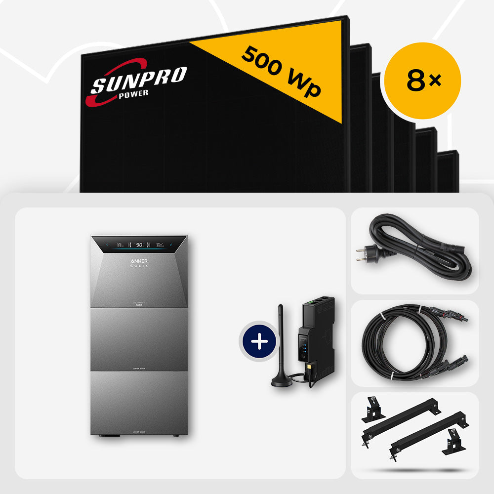 4000 Wp Balkonkraftwerk mit Speicher – 8x SunPro 500 Wp Full Black bifazial & Anker Solix Solarbank 4 Pro