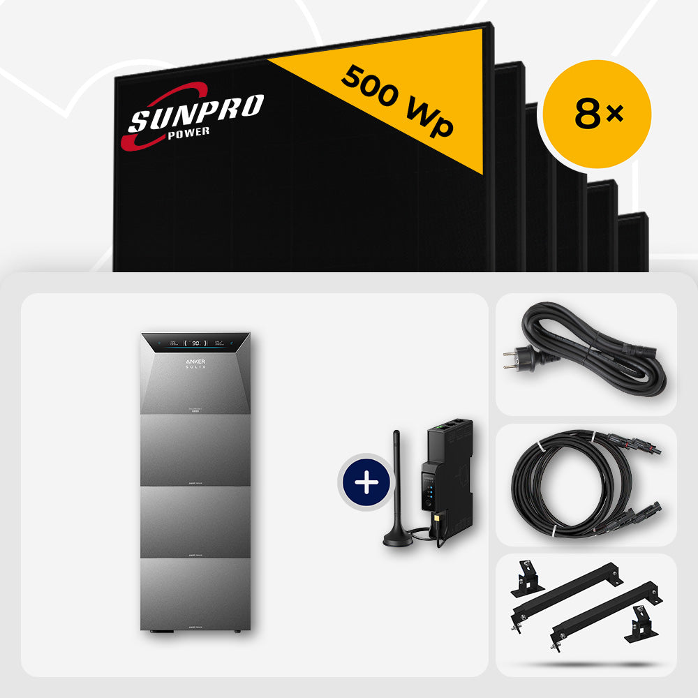 4000 Wp Balkonkraftwerk mit Speicher – 8x SunPro 500 Wp Full Black bifazial & Anker Solix Solarbank 4 Pro