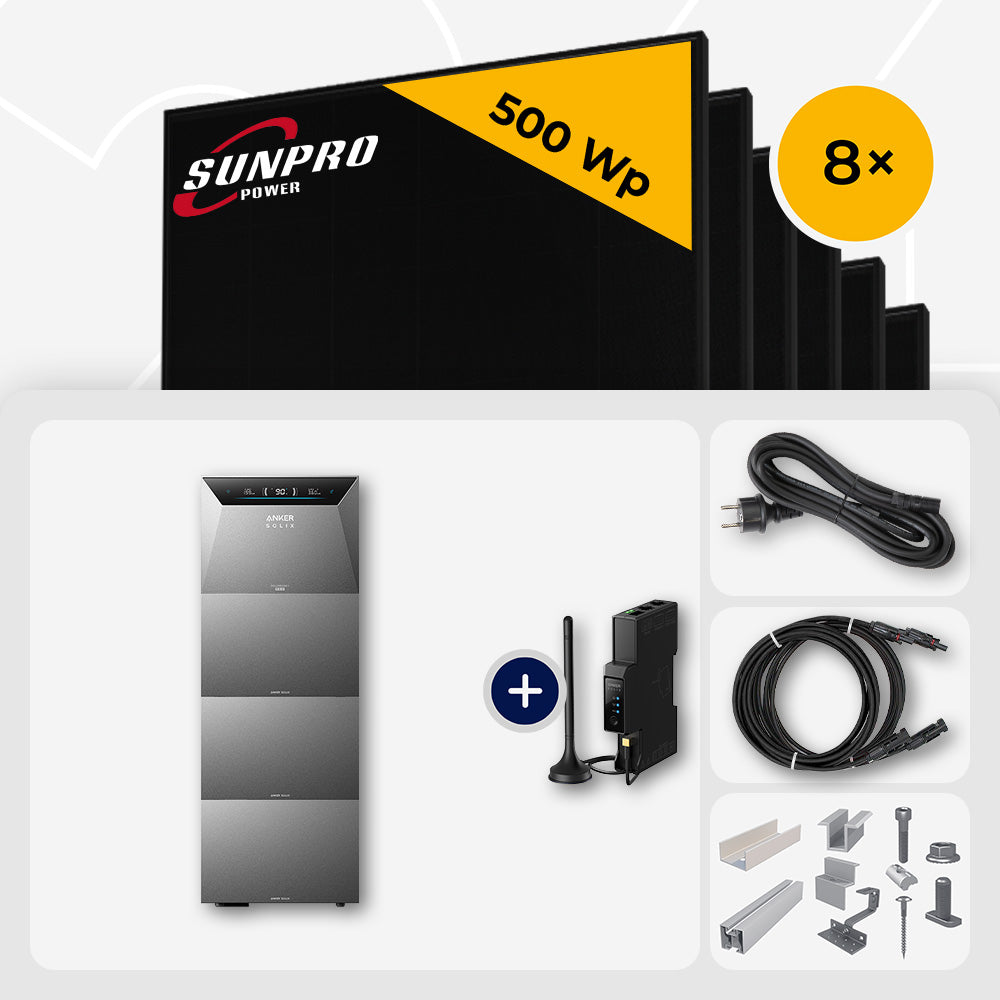 4000 Wp Balkonkraftwerk mit Speicher – 8x SunPro 500 Wp Full Black bifazial & Anker Solix Solarbank 4 Pro