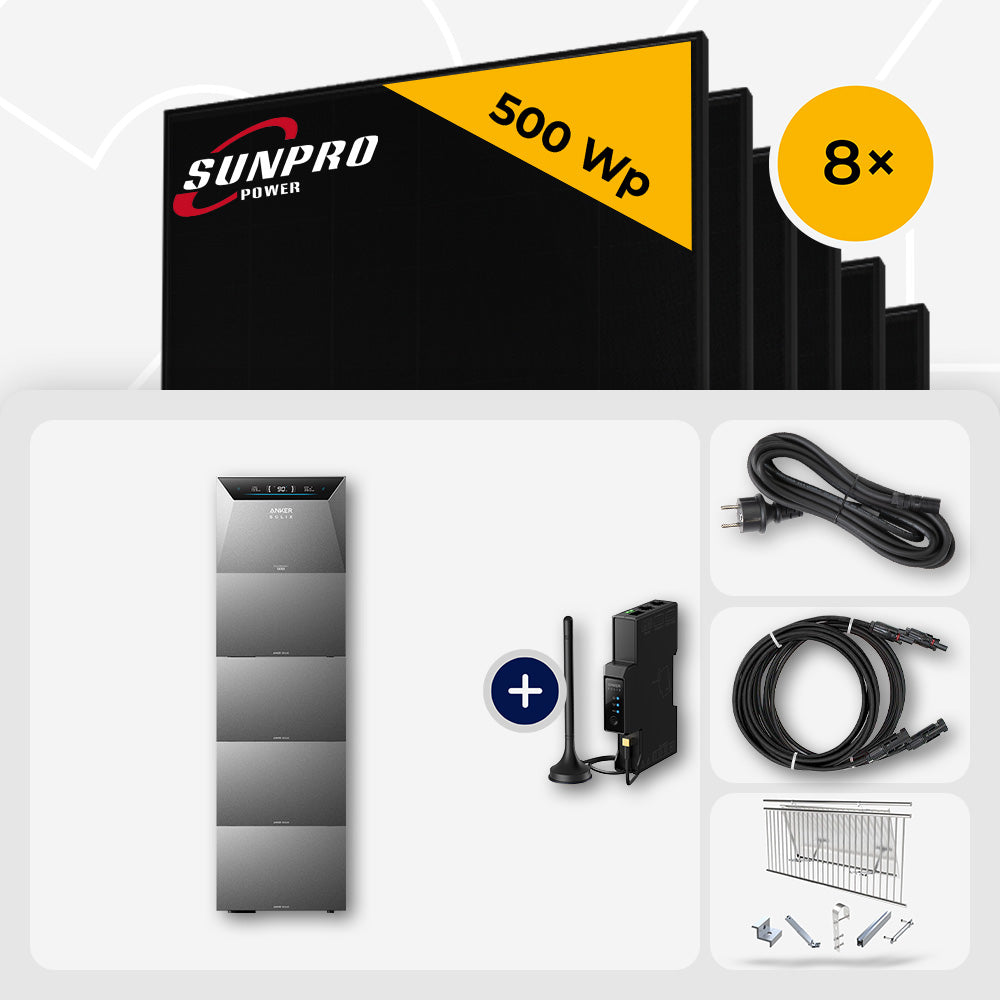 4000 Wp Balkonkraftwerk mit Speicher – 8x SunPro 500 Wp Full Black bifazial & Anker Solix Solarbank 4 Pro