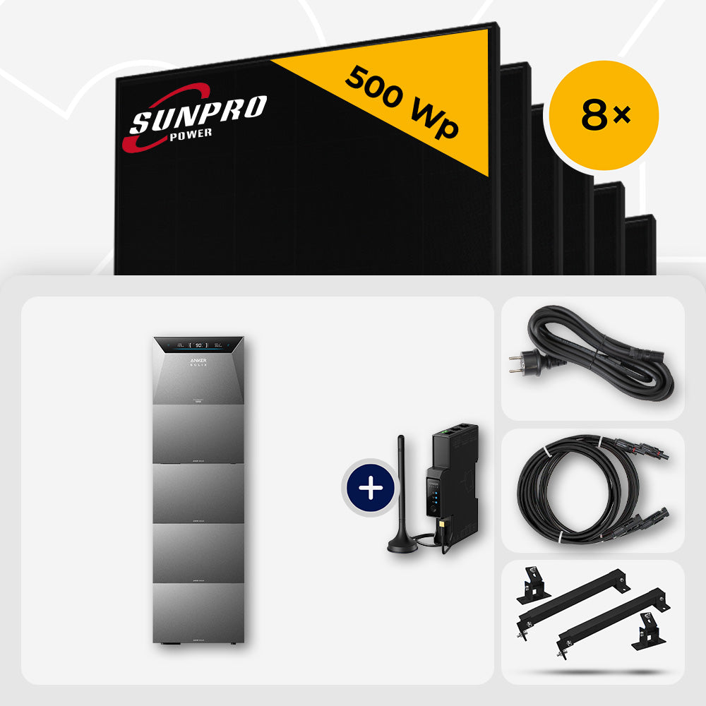 4000 Wp Balkonkraftwerk mit Speicher – 8x SunPro 500 Wp Full Black bifazial & Anker Solix Solarbank 4 Pro