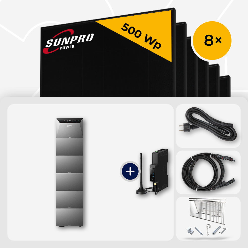 4000 Wp Balkonkraftwerk mit Speicher – 8x SunPro 500 Wp Full Black bifazial & Anker Solix Solarbank 4 Pro