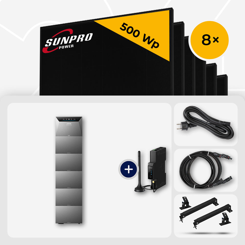 4000 Wp Balkonkraftwerk mit Speicher – 8x SunPro 500 Wp Full Black bifazial & Anker Solix Solarbank 4 Pro