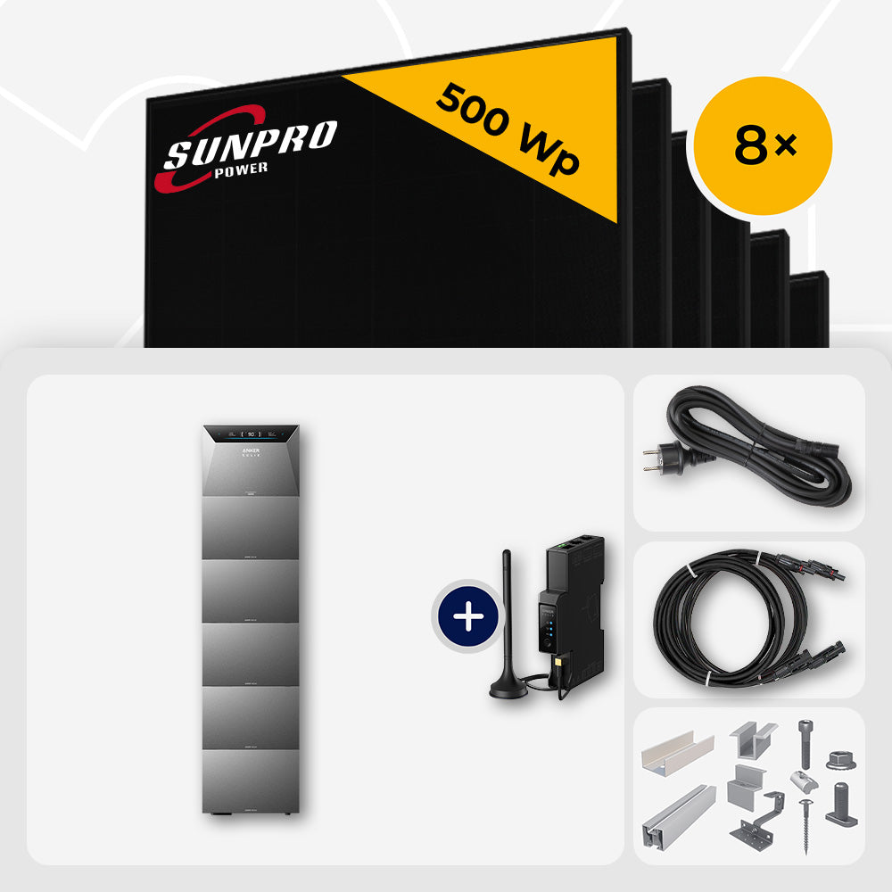 4000 Wp Balkonkraftwerk mit Speicher – 8x SunPro 500 Wp Full Black bifazial & Anker Solix Solarbank 4 Pro