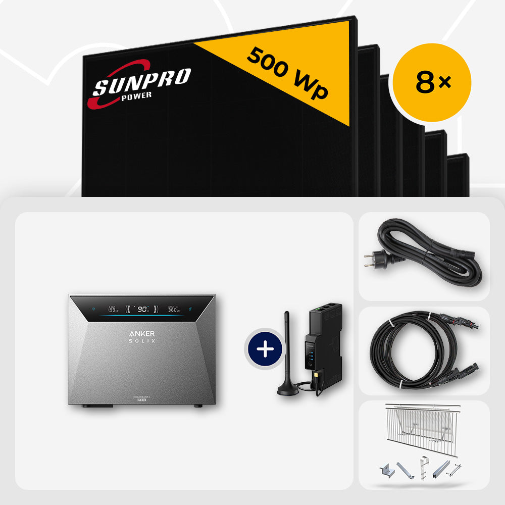 4000 Wp Balkonkraftwerk mit Speicher – 8x SunPro 500 Wp Full Black bifazial & Anker Solix Solarbank 4 Pro