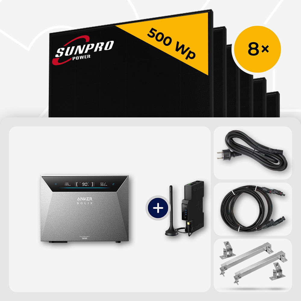 4000 Wp Balkonkraftwerk mit Speicher – 8x SunPro 500 Wp Full Black bifazial & Anker Solix Solarbank 4 Pro
