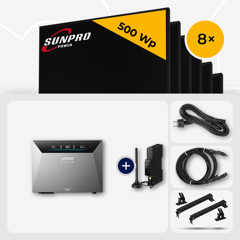 4000 Wp Balkonkraftwerk mit Speicher – 8x SunPro 500 Wp Full Black bifazial & Anker Solix Solarbank 4 Pro