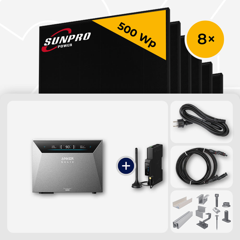 4000 Wp Balkonkraftwerk mit Speicher – 8x SunPro 500 Wp Full Black bifazial & Anker Solix Solarbank 4 Pro