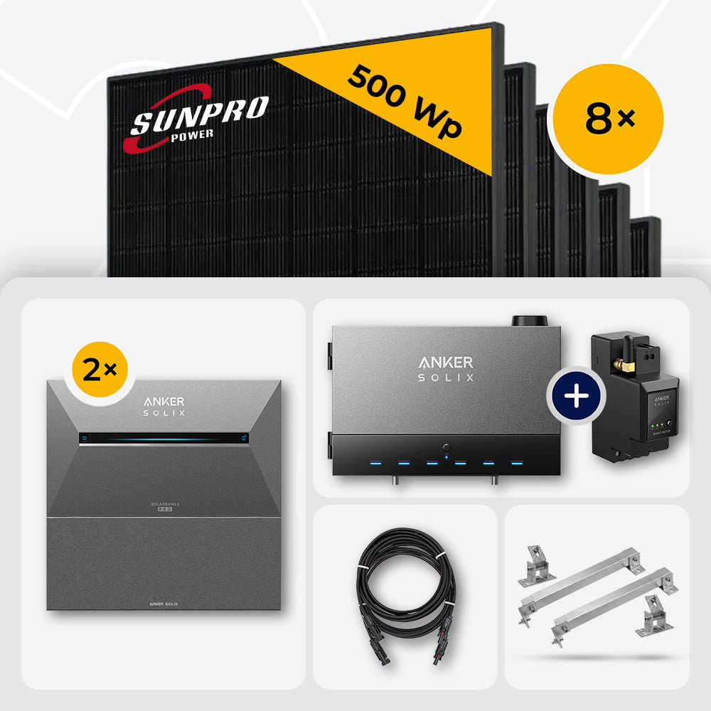 4 kWp Anker Solix PV Komplettset Power Dock + Solarbank 3 Pro & 8x SunPro 500W Bifazial Glas-Glas Full Black