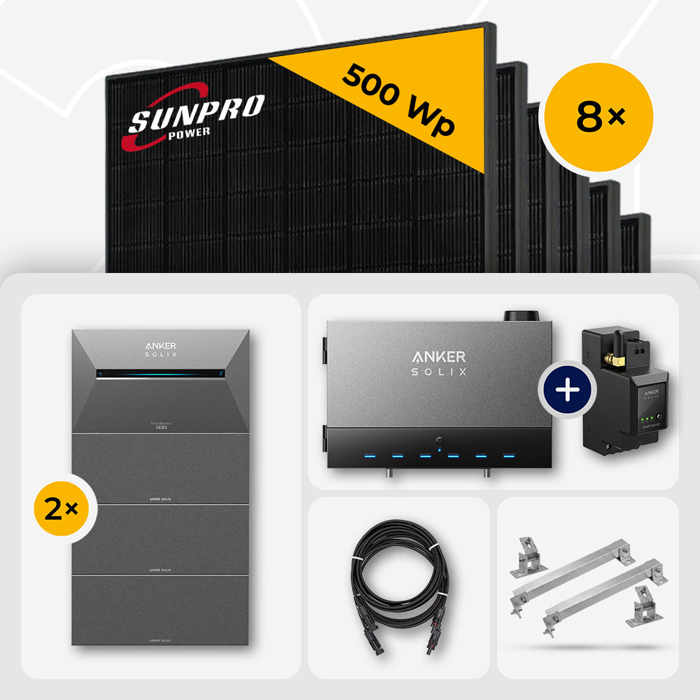 4 kWp Anker Solix PV Komplettset Power Dock + Solarbank 3 Pro & 8x SunPro 500W Bifazial Glas-Glas Full Black