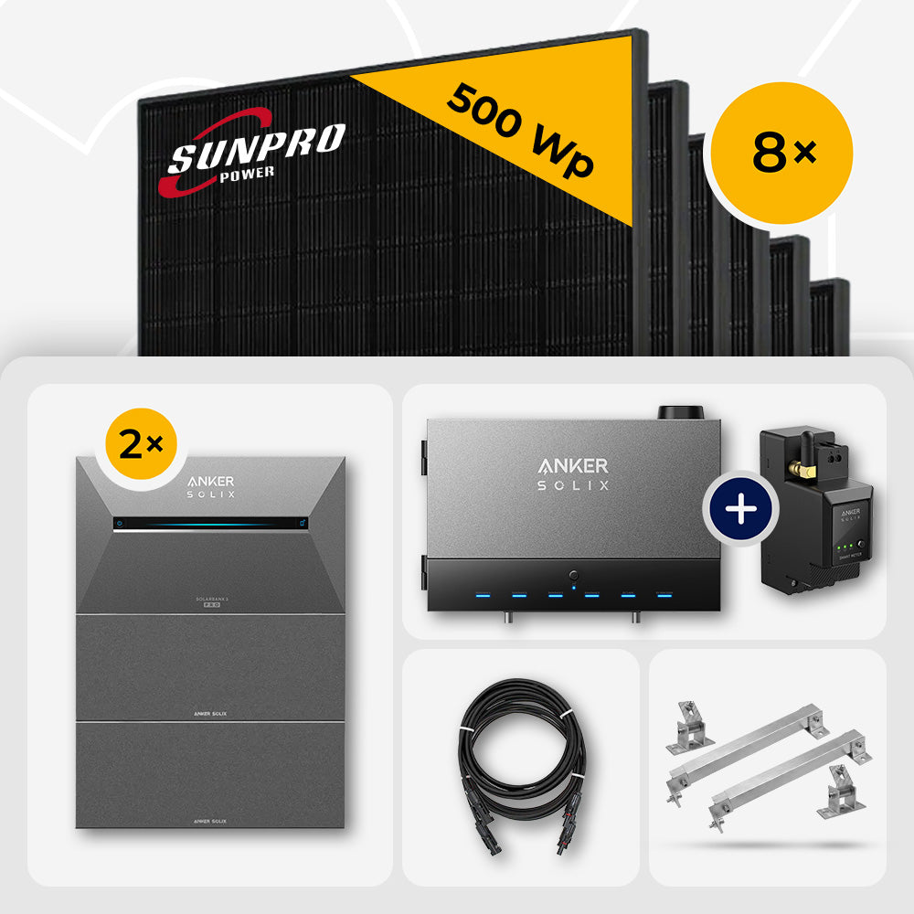 4 kWp Anker Solix PV Komplettset Power Dock + Solarbank 3 Pro & 8x SunPro 500W Bifazial Glas-Glas Full Black