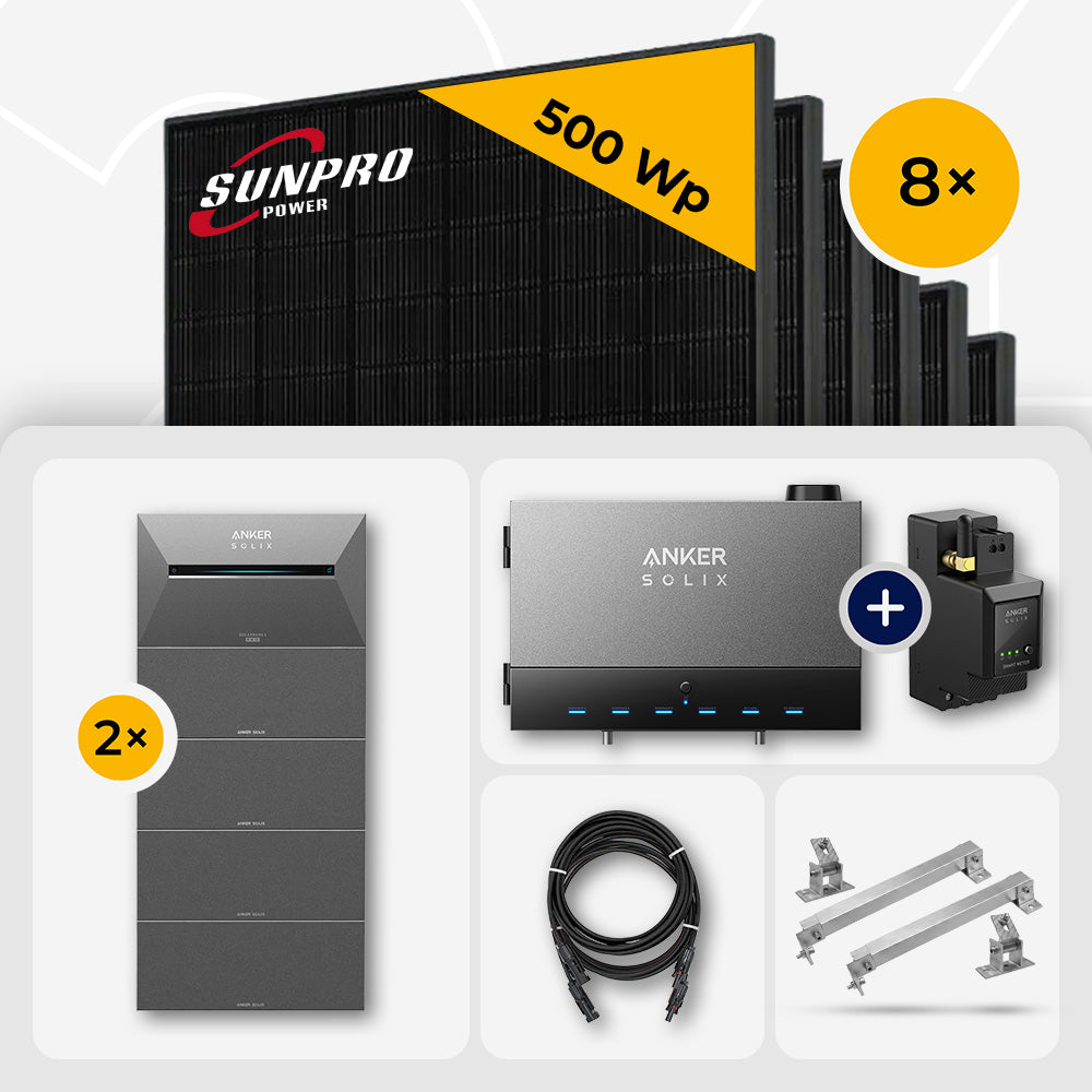 4 kWp Anker Solix PV Komplettset Power Dock + Solarbank 3 Pro & 8x SunPro 500W Bifazial Glas-Glas Full Black