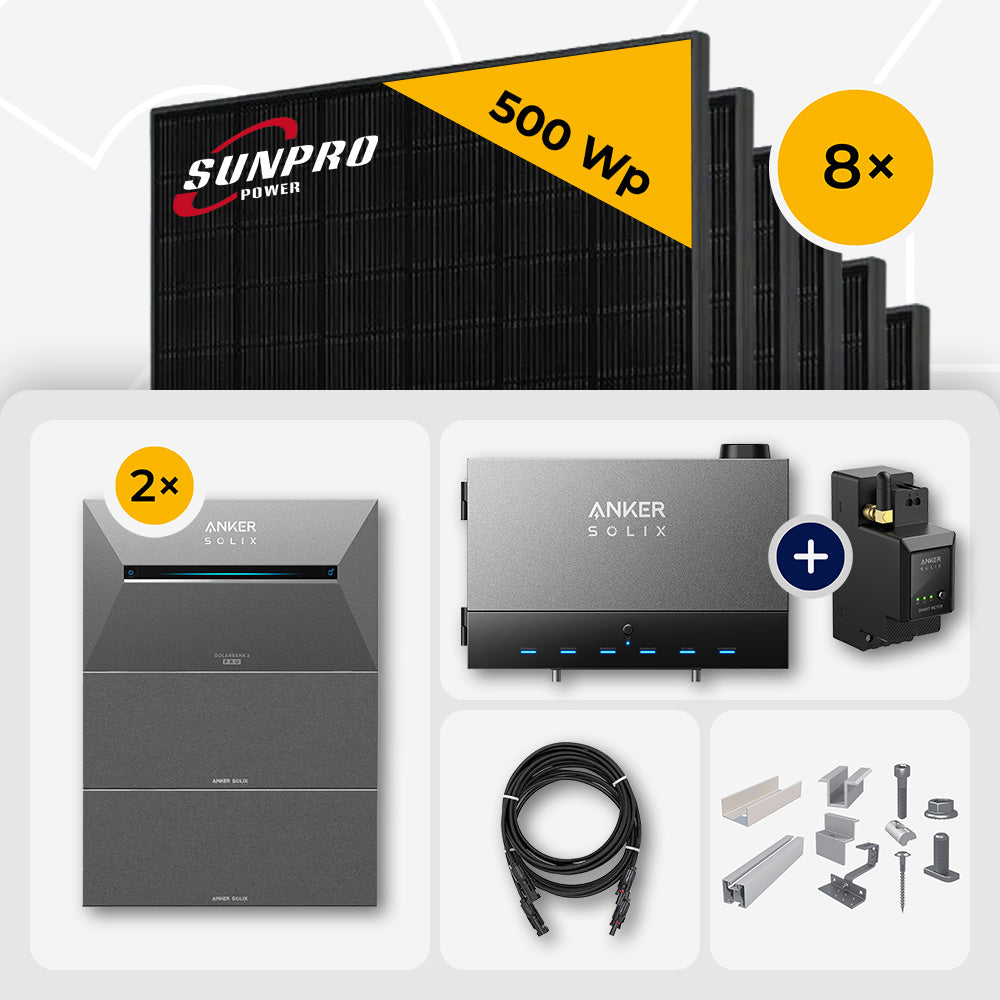 4 kWp Anker Solix PV Komplettset Power Dock + Solarbank 3 Pro & 8x SunPro 500W Bifazial Glas-Glas Full Black