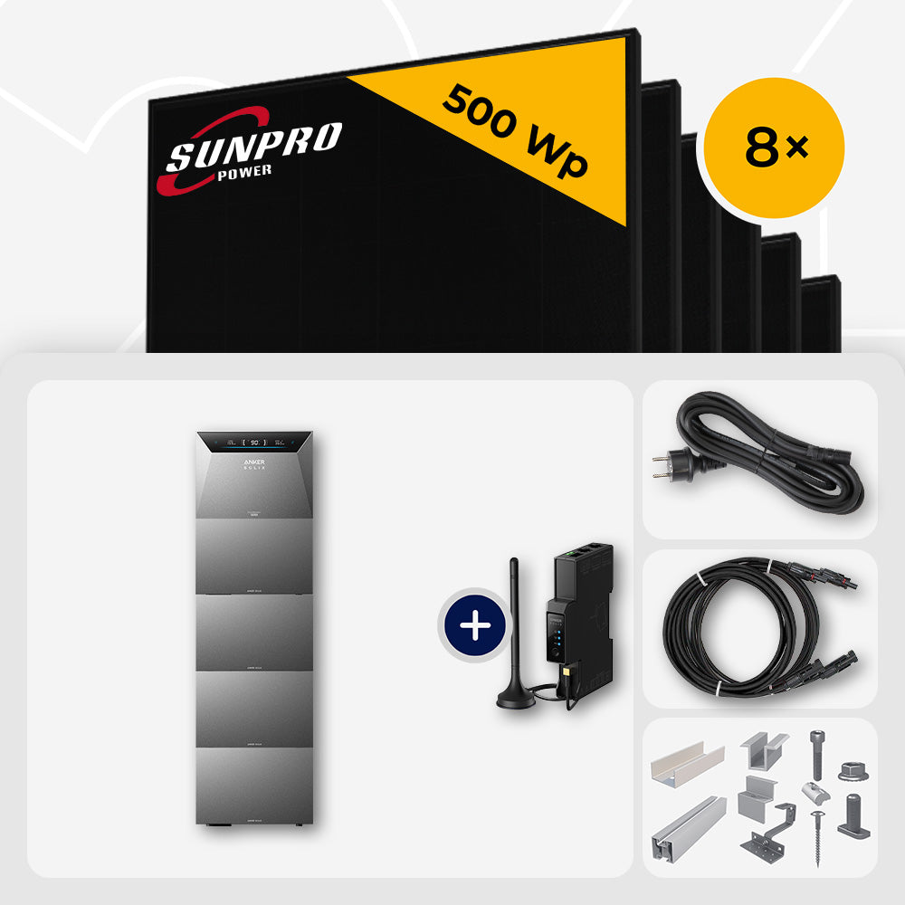 4000 Wp Balkonkraftwerk mit Speicher – 8x SunPro 500 Wp Full Black bifazial & Anker Solix Solarbank 4 Pro