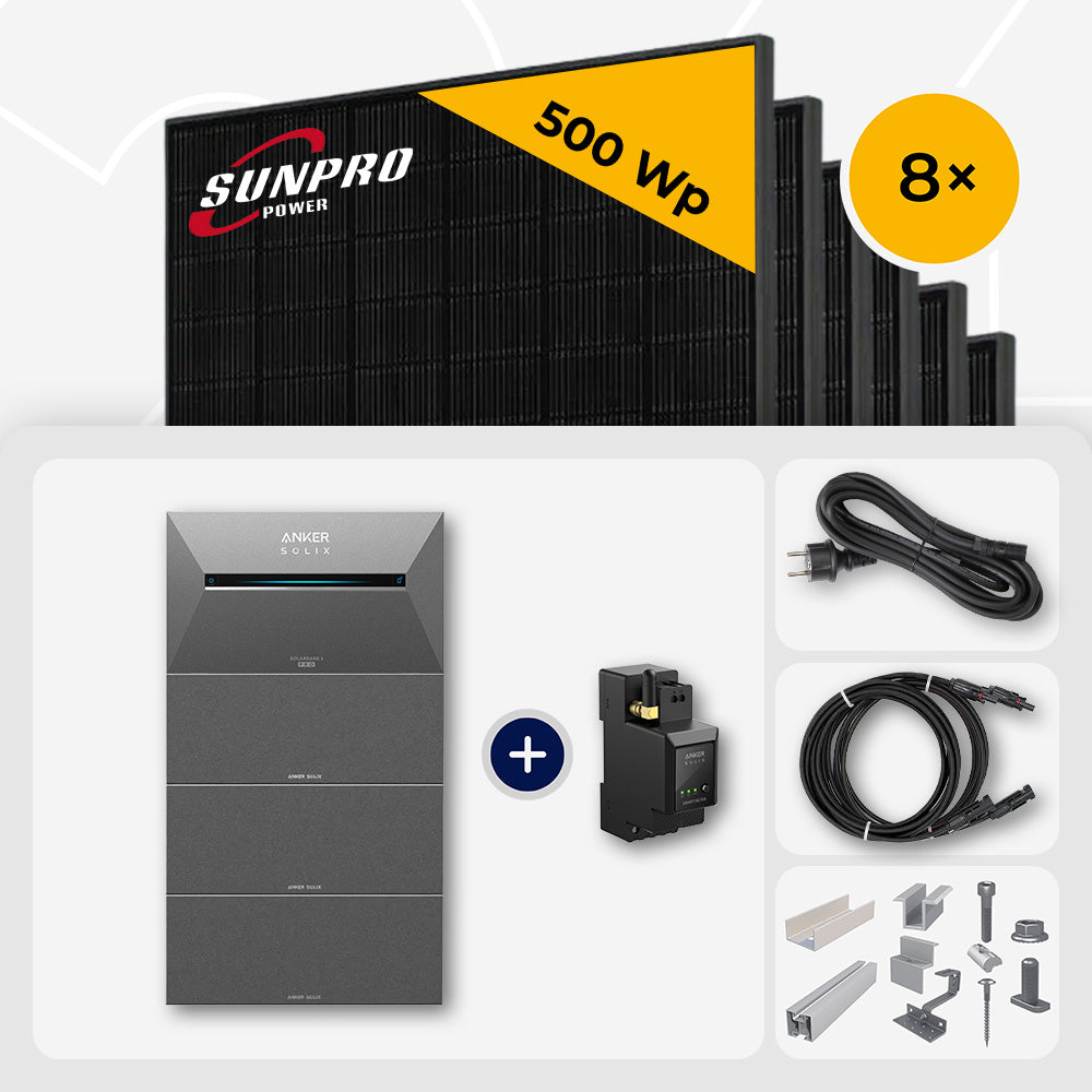 4000 Wp Balkonkraftwerk mit Speicher - 8x SunPro 500 Wp Full Black bifazial & Anker Solix Solarbank 3 Pro